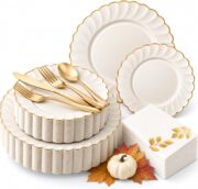 175-Piece Ivory and Gold Scalloped Dining Set - Image 2