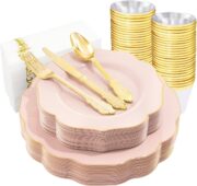 175-Piece Pink Plate Set with Gold Cutlery - Image 2