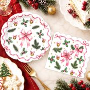 50-Piece Christmas Pink Bow Plate and Napkin Set