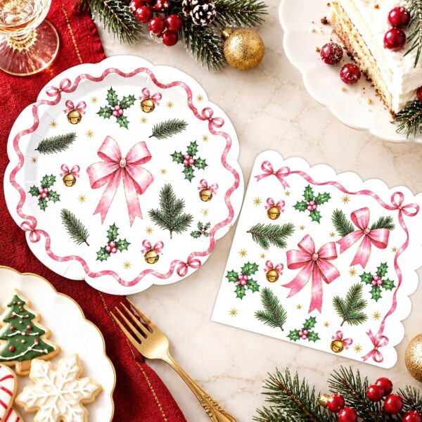 50-Piece Christmas Pink Bow Plate and Napkin Set