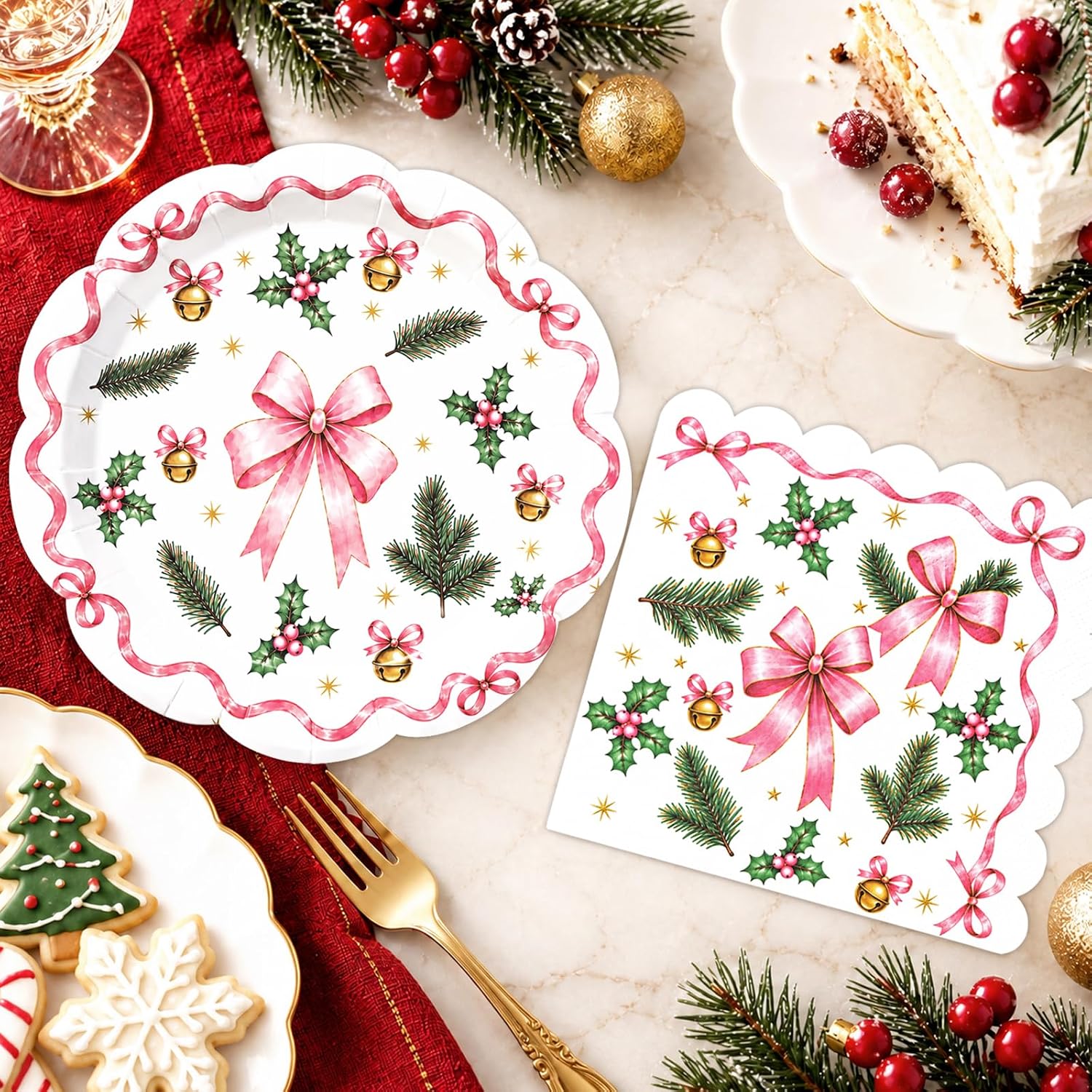81MghXiP1SL._AC_SL1500_.jpg 50-Piece Christmas Pink Bow Plate and Napkin Set - Image 1