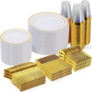 600-Piece Gold Plastic Plates for 100 Guests - Image 2