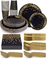 224-Piece Black Gold Party Tableware Set, 32 Settings