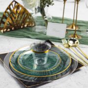 180-Piece Green Plastic Plates with Gold Rim