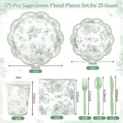 25-Set Sage Green Floral Plate and Napkin Set - Image 2